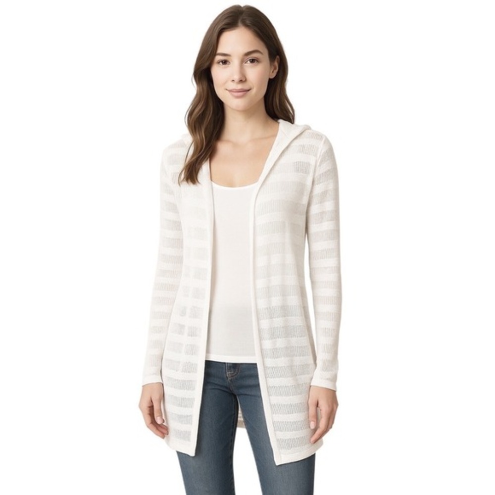 Max Studio White Linen Blend Hooded Open‎ Front Cardigan Sweater S Coastal 49-41